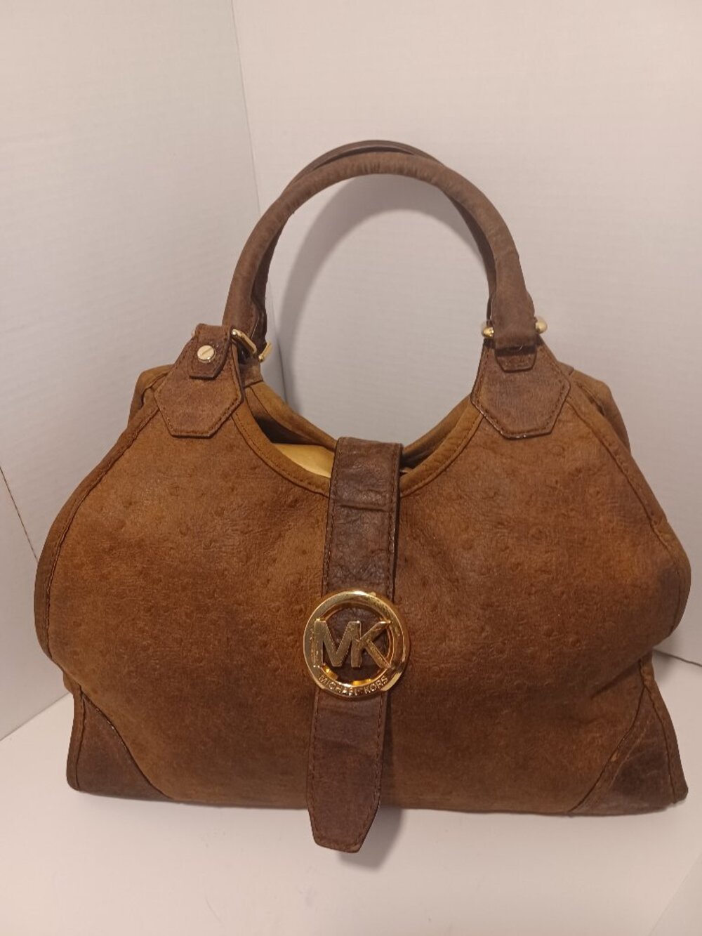 Michael Kors Distressed Ostrich Embossed Leather Shoulder Tote Bag Walnut Brown